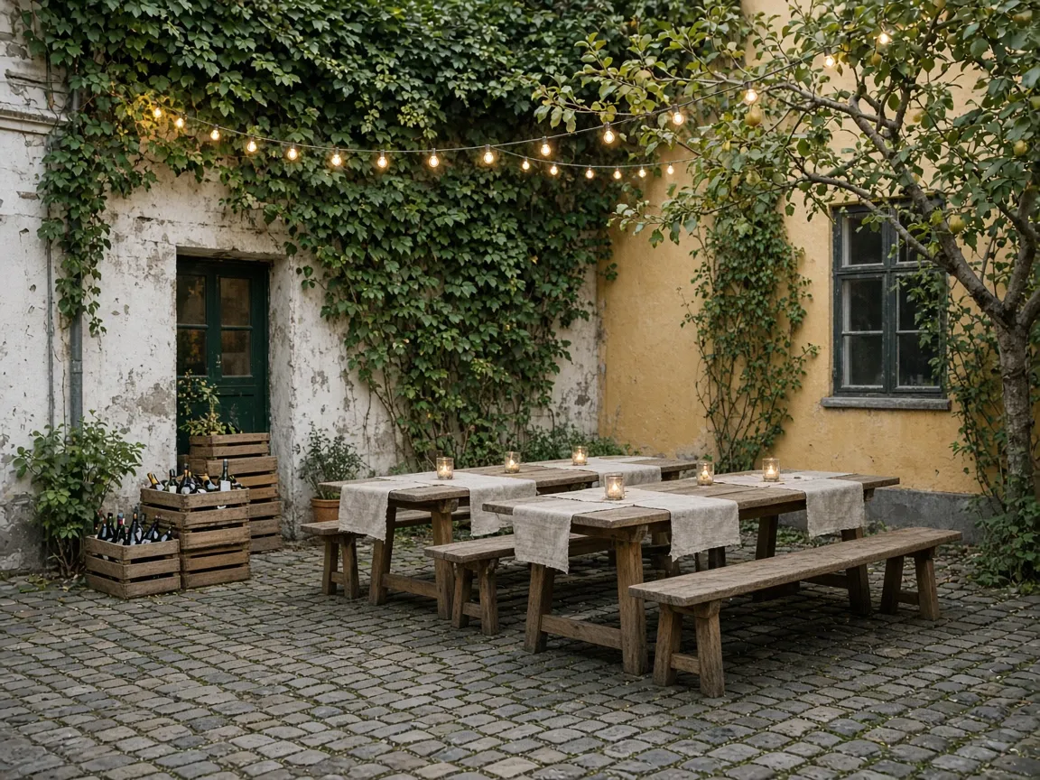Long tables and benches in an ivy-covered cobbled courtyard under string lights, crates of wine by the door